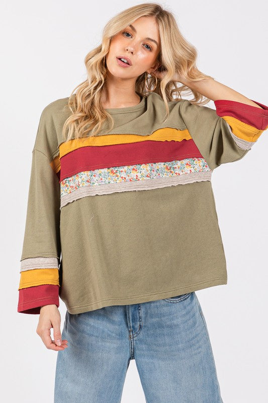 Color Blocked French Terry 3/4 Sleeve Top with Floral Contrast