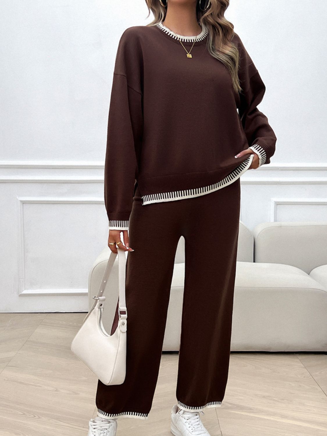 Chic Dropped Shoulder Sweater Set with Round Neck Top and Pants