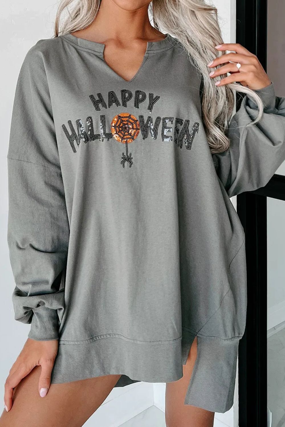 Sequin Letter Graphic Notched Long Sleeve Sweatshirt - ShopEasier