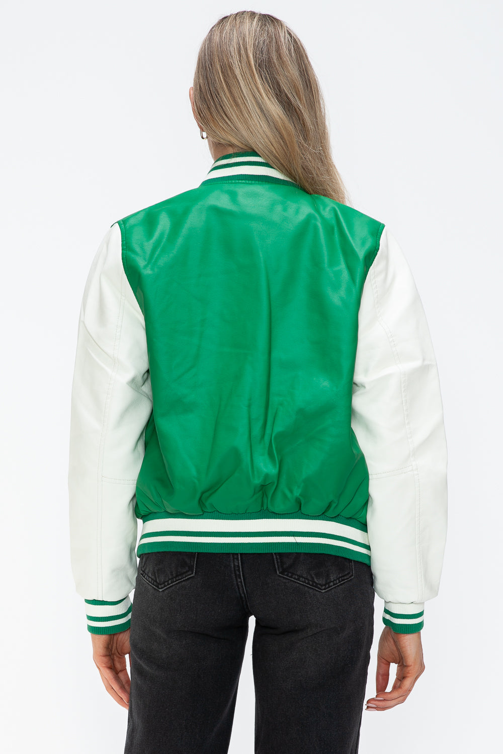 Love Me Now PU Leather Contrast Snap Down Bomber Jacket - ShopEasier