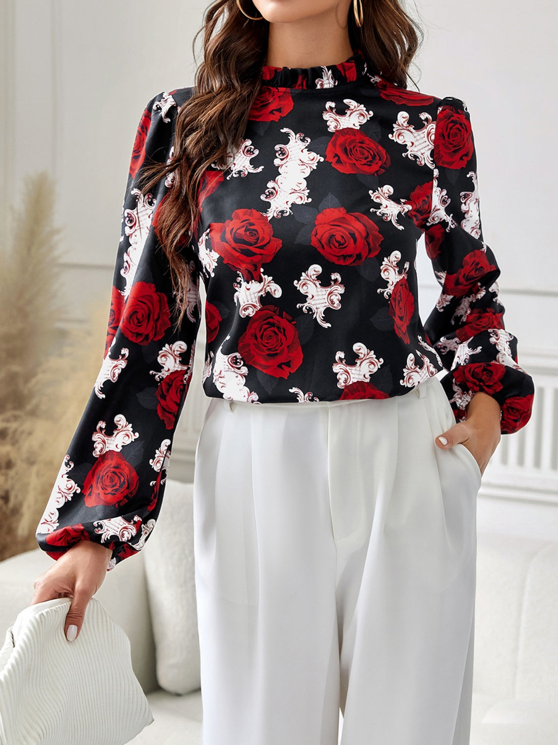 Frilled Floral High Neck Blouse with Long Sleeves