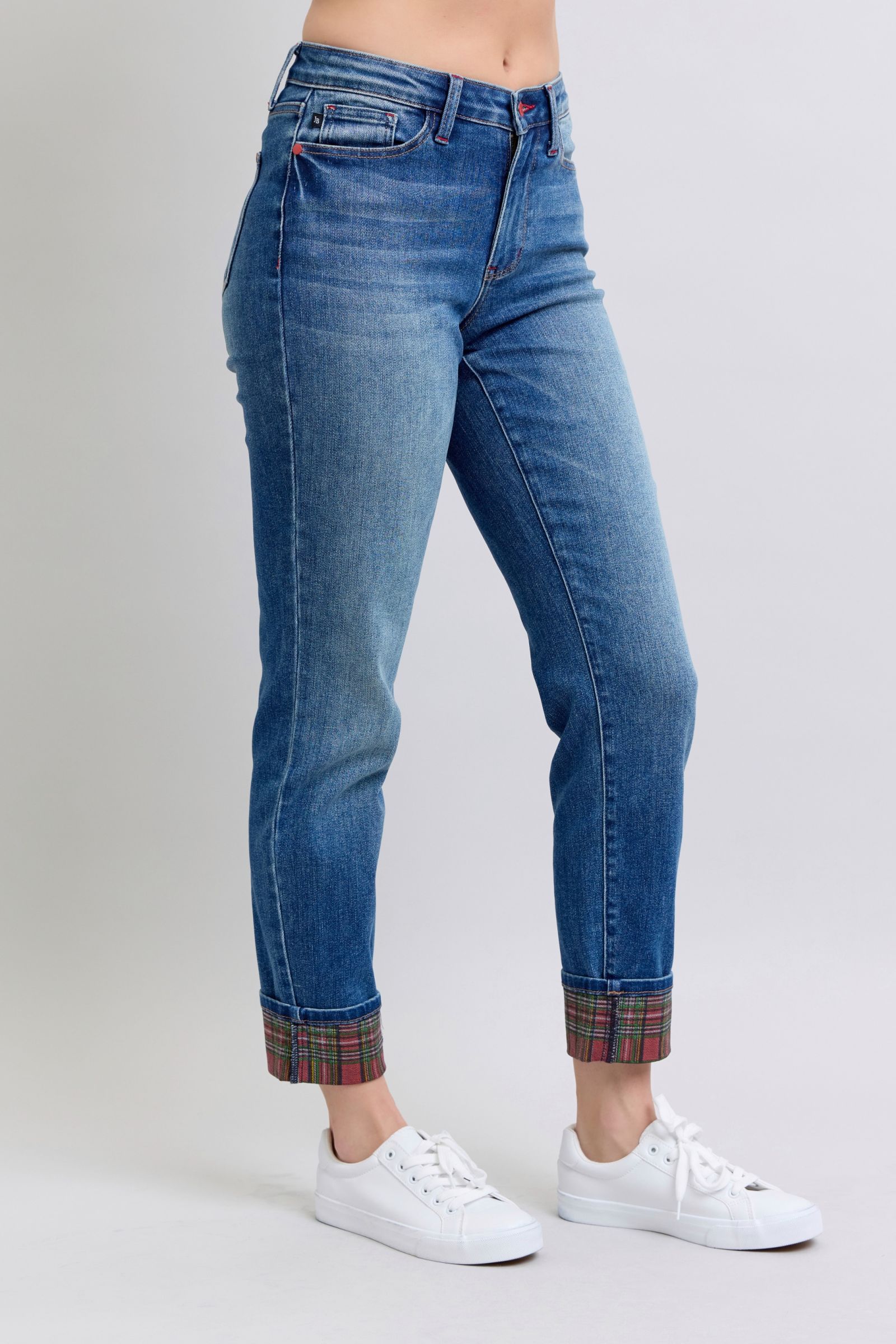 Judy Blue Full Size Plaid Print Cuff Straight Leg Jeans with Pockets - ShopEasier