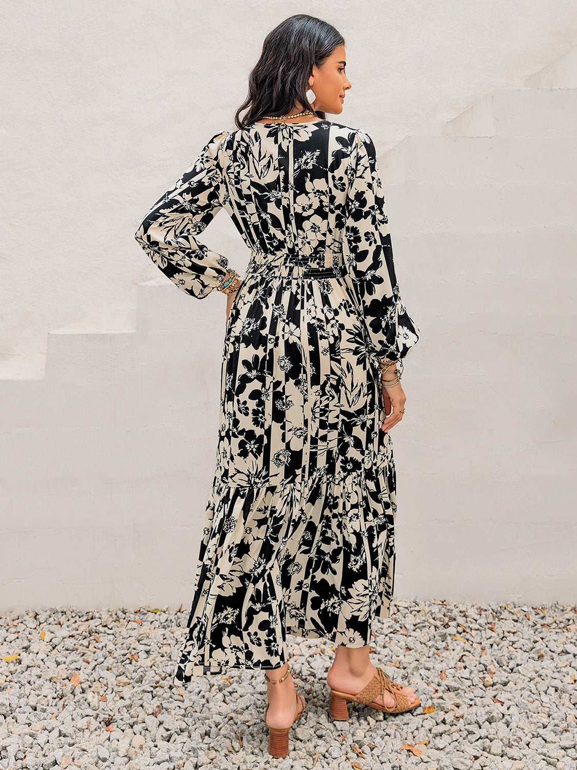 Smocked Printed Tie Neck Long Sleeve Dress - ShopEasier