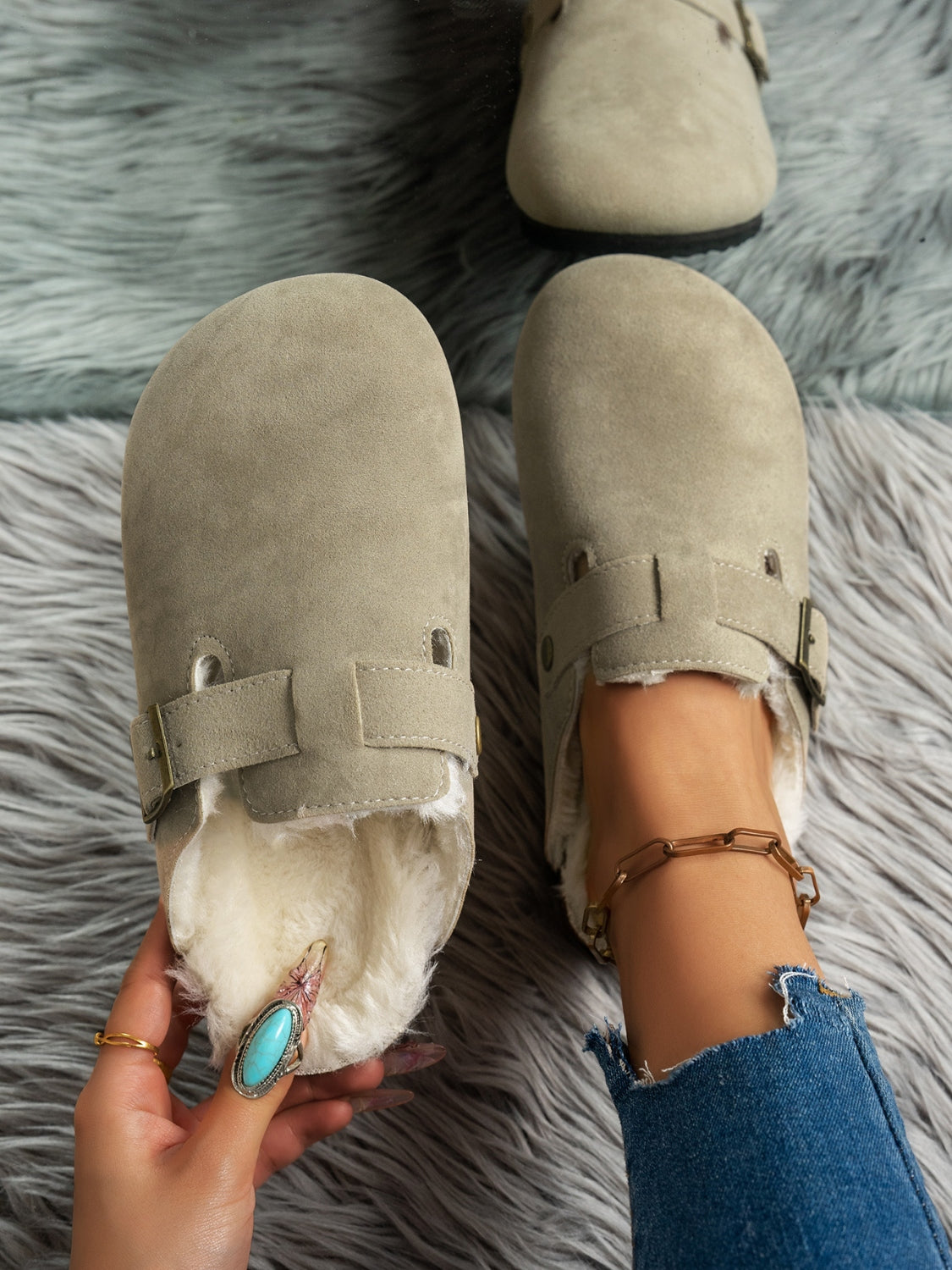 Faux Fur-Lined Suede Slip-On Slippers