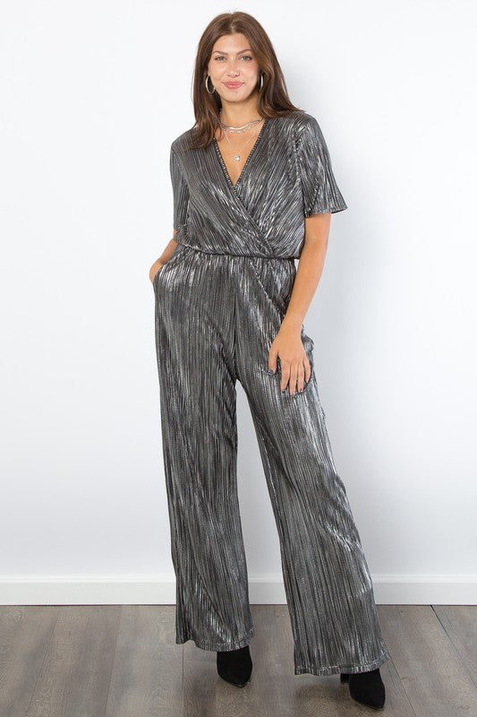 Be Stage Surplice Short Sleeve Pleated Foil Jumpsuit - ShopEasier