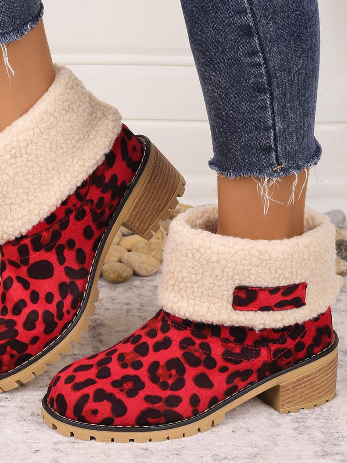 Leopard Block Heel Fuzzy Boots - ShopEasier