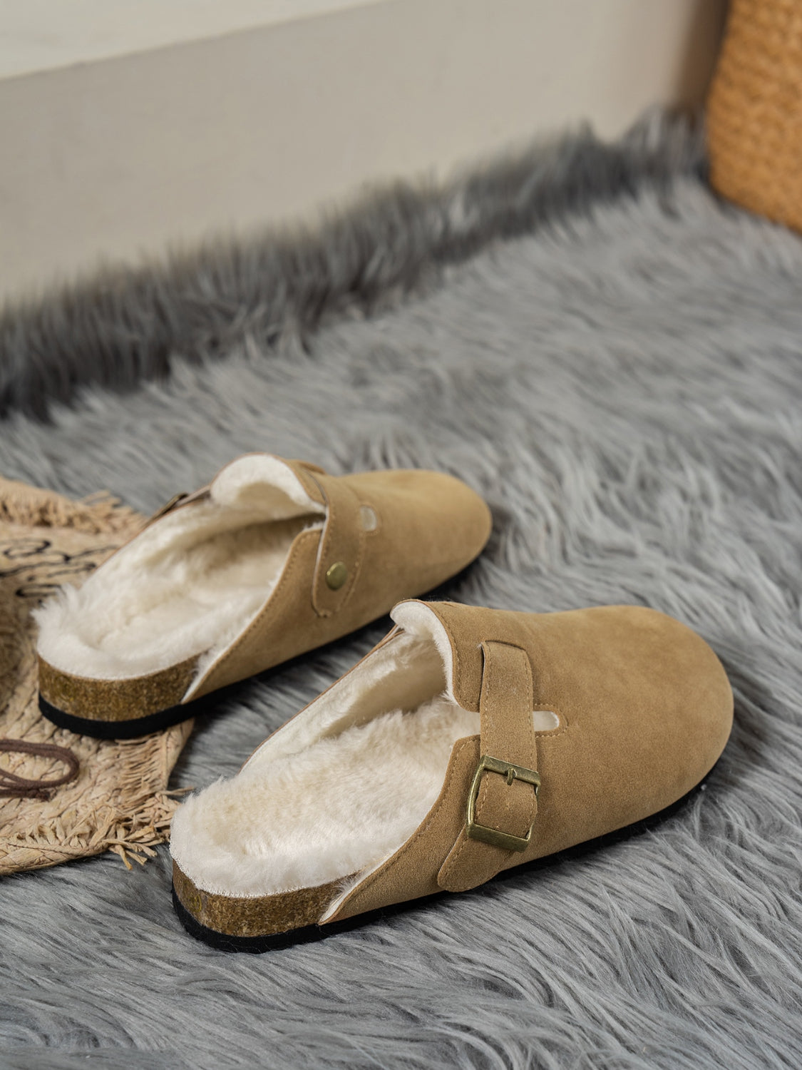 Faux Fur-Lined Suede Slip-On Slippers