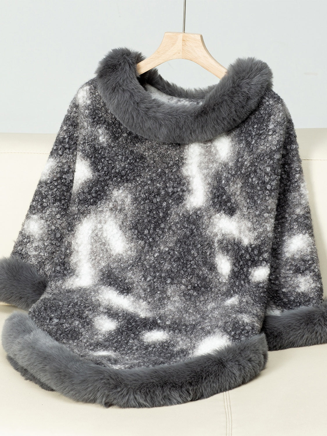 Furry Contrast Three-Quarter Poncho - ShopEasier