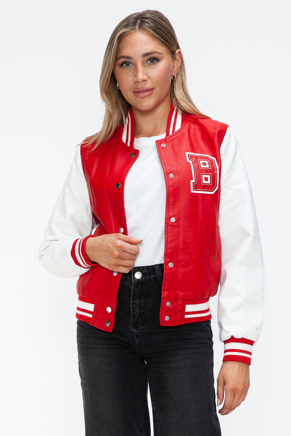 Love Me Now PU Leather Contrast Snap Down Bomber Jacket - ShopEasier