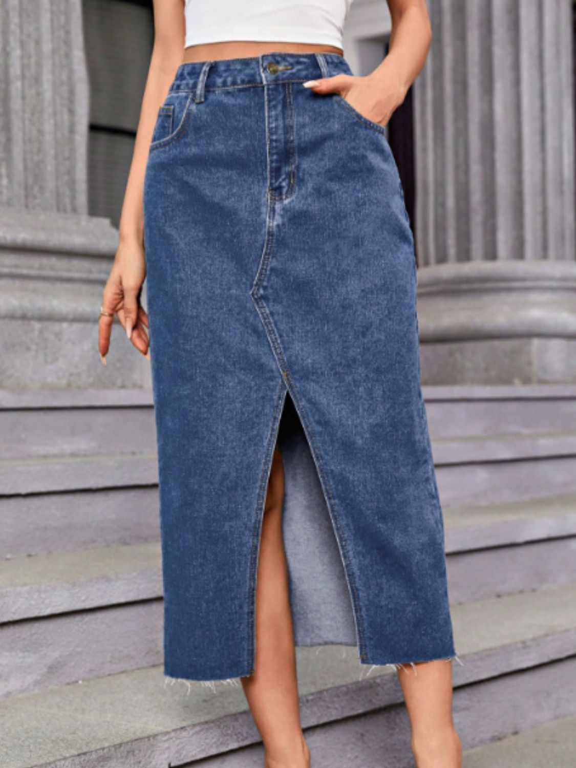 Slit Midi Denim Skirt with Pockets - ShopEasier