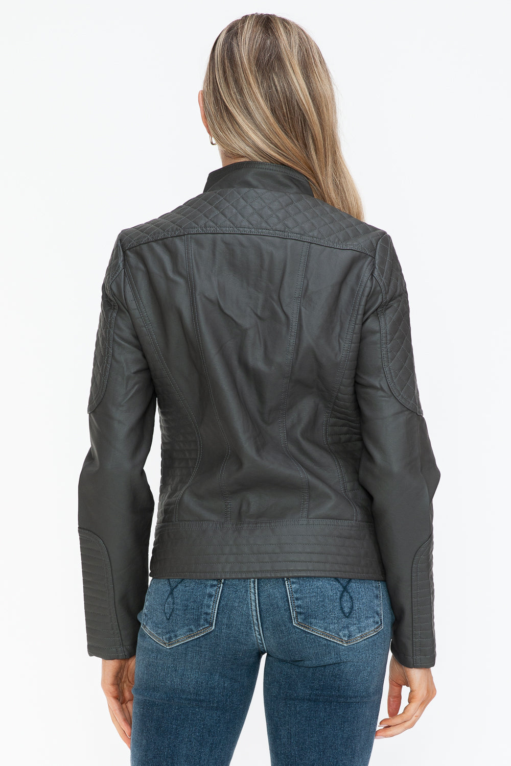 Snobbish Faux Leather Zip Up Mock Neck Jacket - ShopEasier