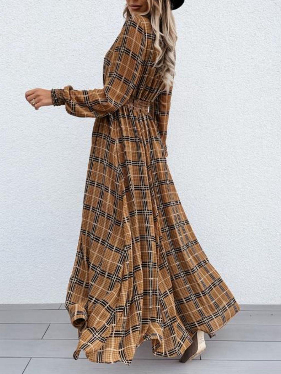 Slit Plaid Tie Neck Long Sleeve Maxi Dress - ShopEasier