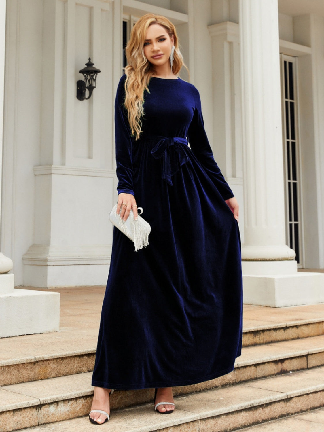 Tie Front Round Neck Long Sleeve Maxi Dress - ShopEasier