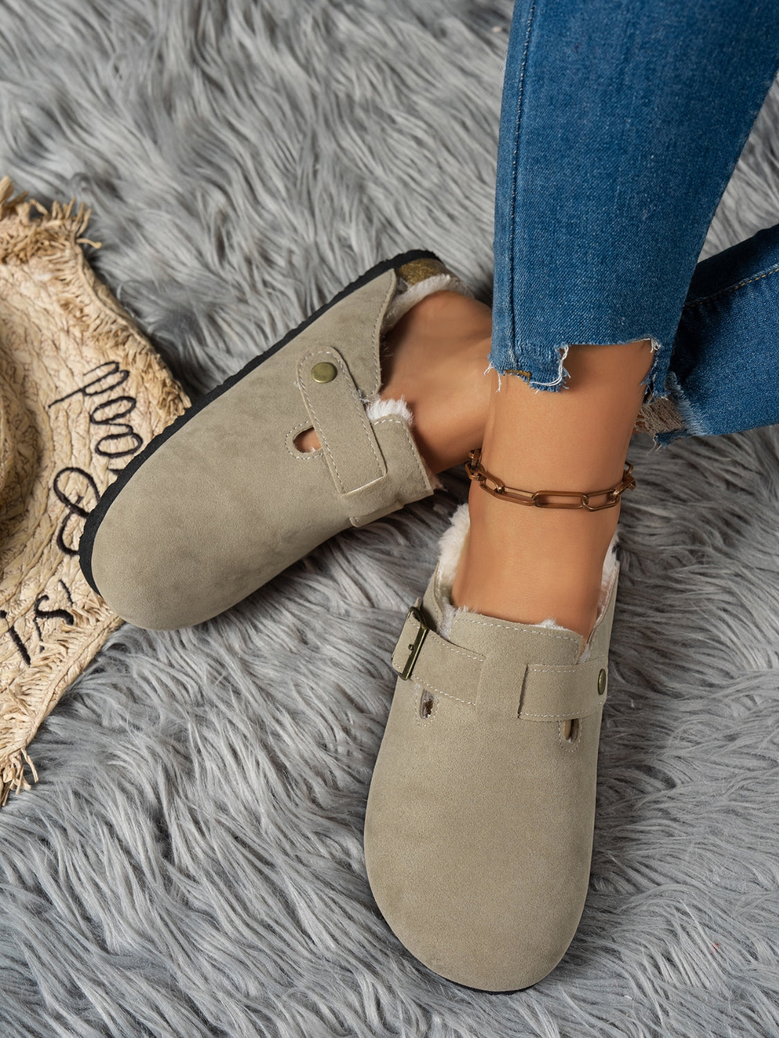 Faux Fur-Lined Suede Slip-On Slippers