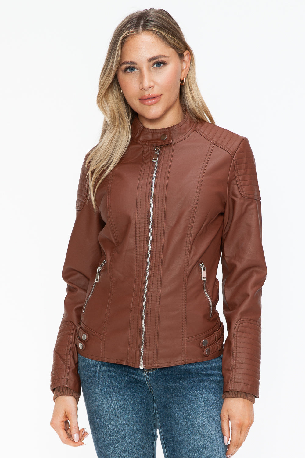 Snobbish Faux Leather Biker Jacket with Side Zip Pockets - ShopEasier