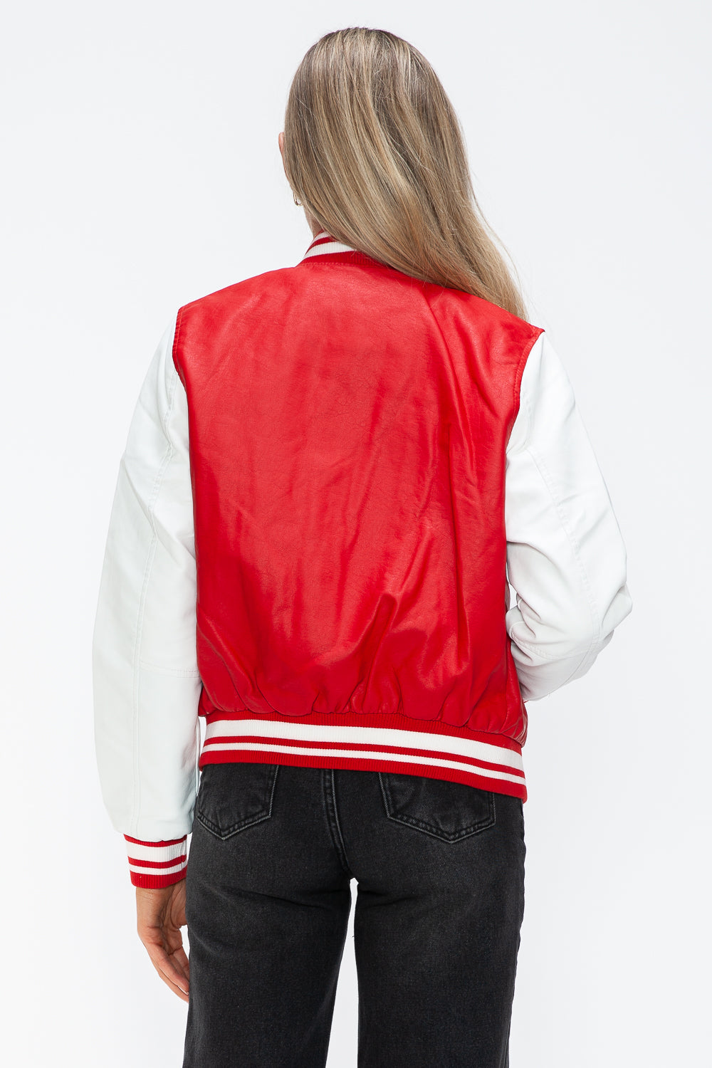 Love Me Now PU Leather Contrast Snap Down Bomber Jacket - ShopEasier