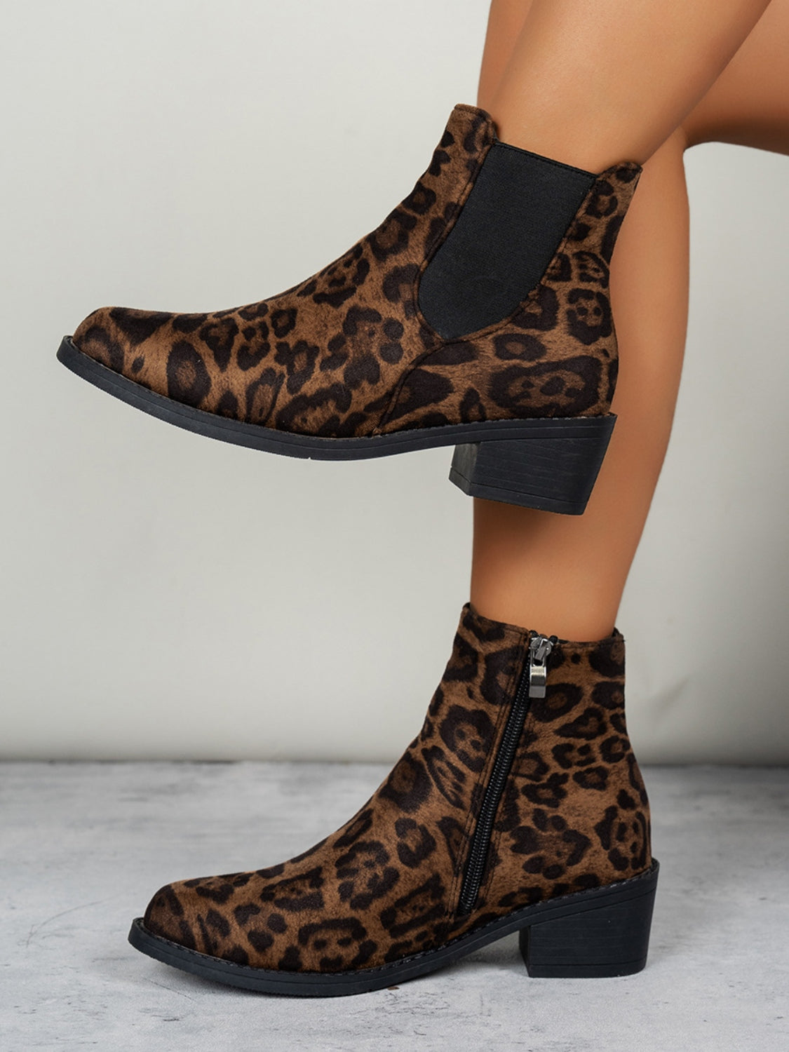 Leopard Point Toe Block Heel Boots - ShopEasier