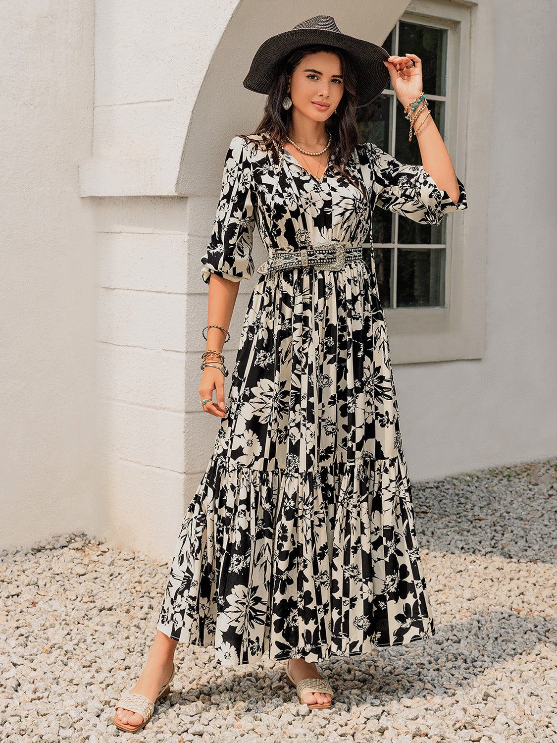 Smocked Printed Tie Neck Long Sleeve Dress - ShopEasier