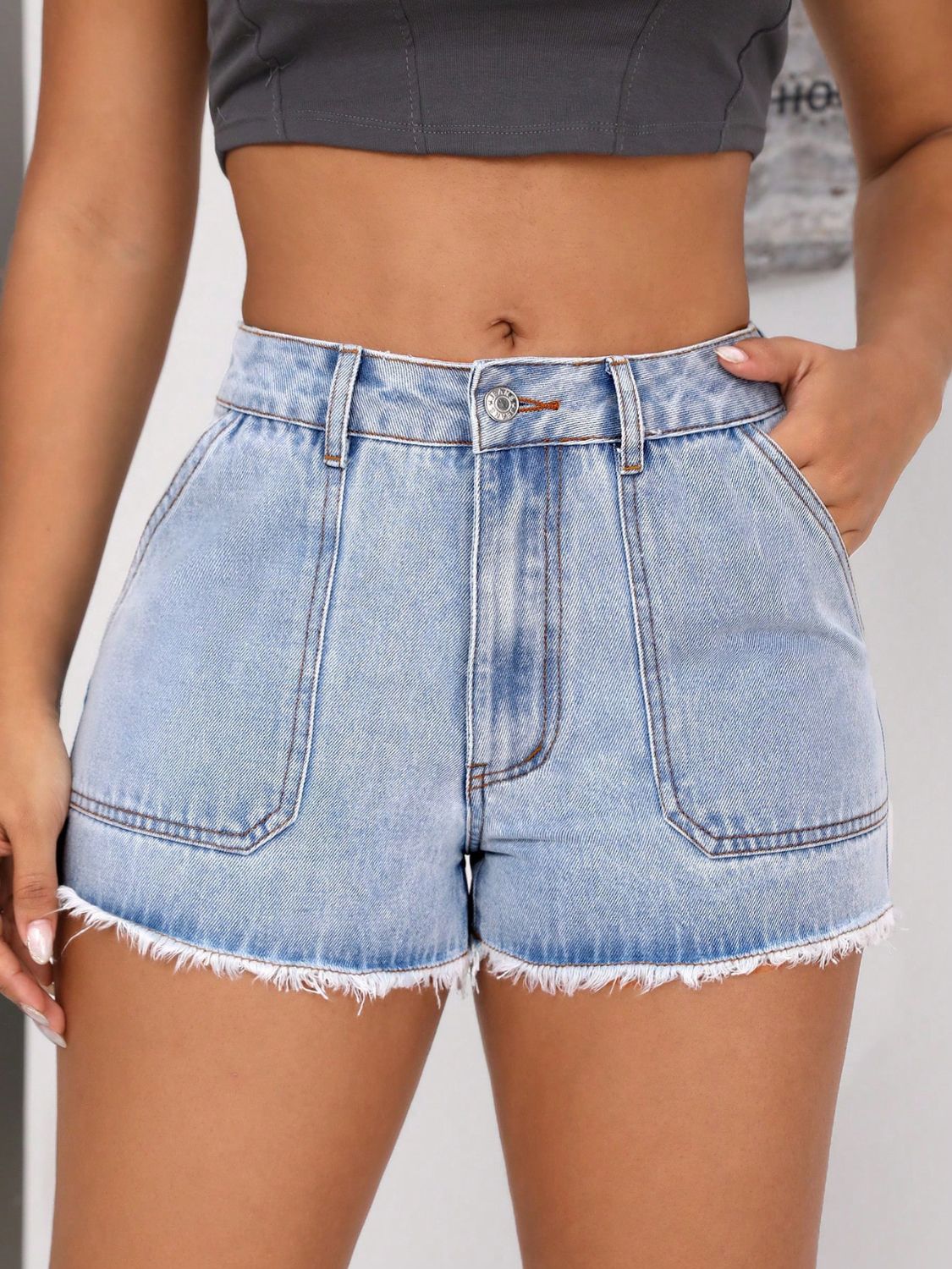 Distressed Pocketed Denim Cutoff Shorts