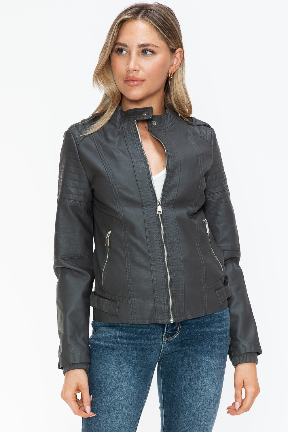 Snobbish PU Leather Biker Jacket with Side Zip Pockets - ShopEasier