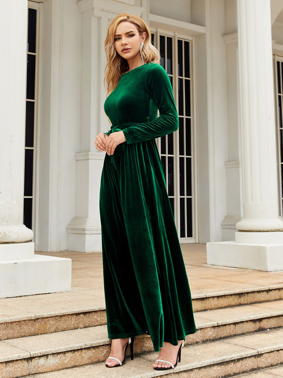 Tie Front Round Neck Long Sleeve Maxi Dress - ShopEasier