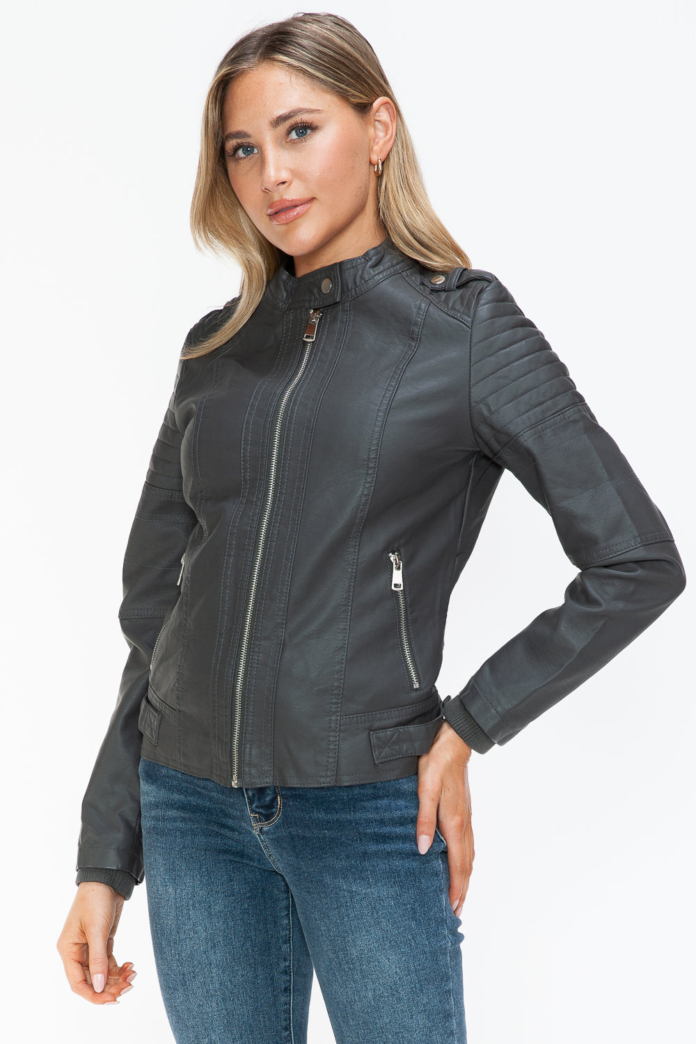 Snobbish PU Leather Biker Jacket with Side Zip Pockets - ShopEasier