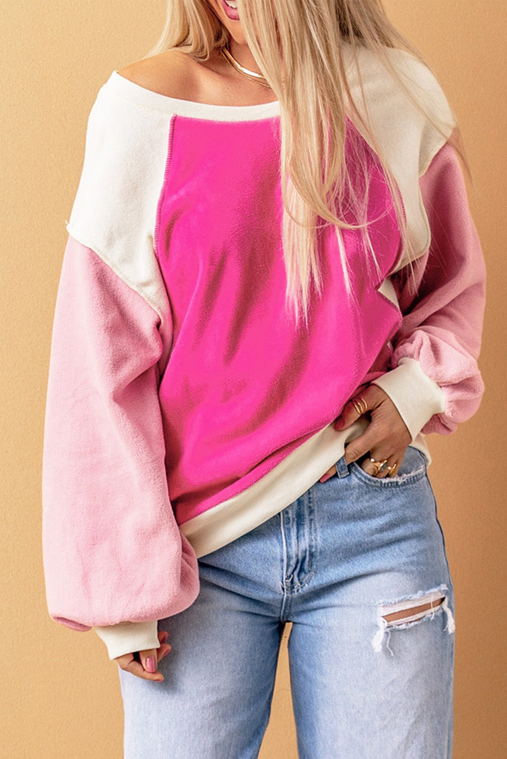 Color Block Casual Round Neck Sweatshirt with Dropped Shoulders