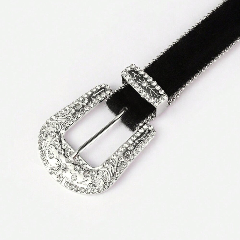 Rhinestone-Embellished PU Leather Belt