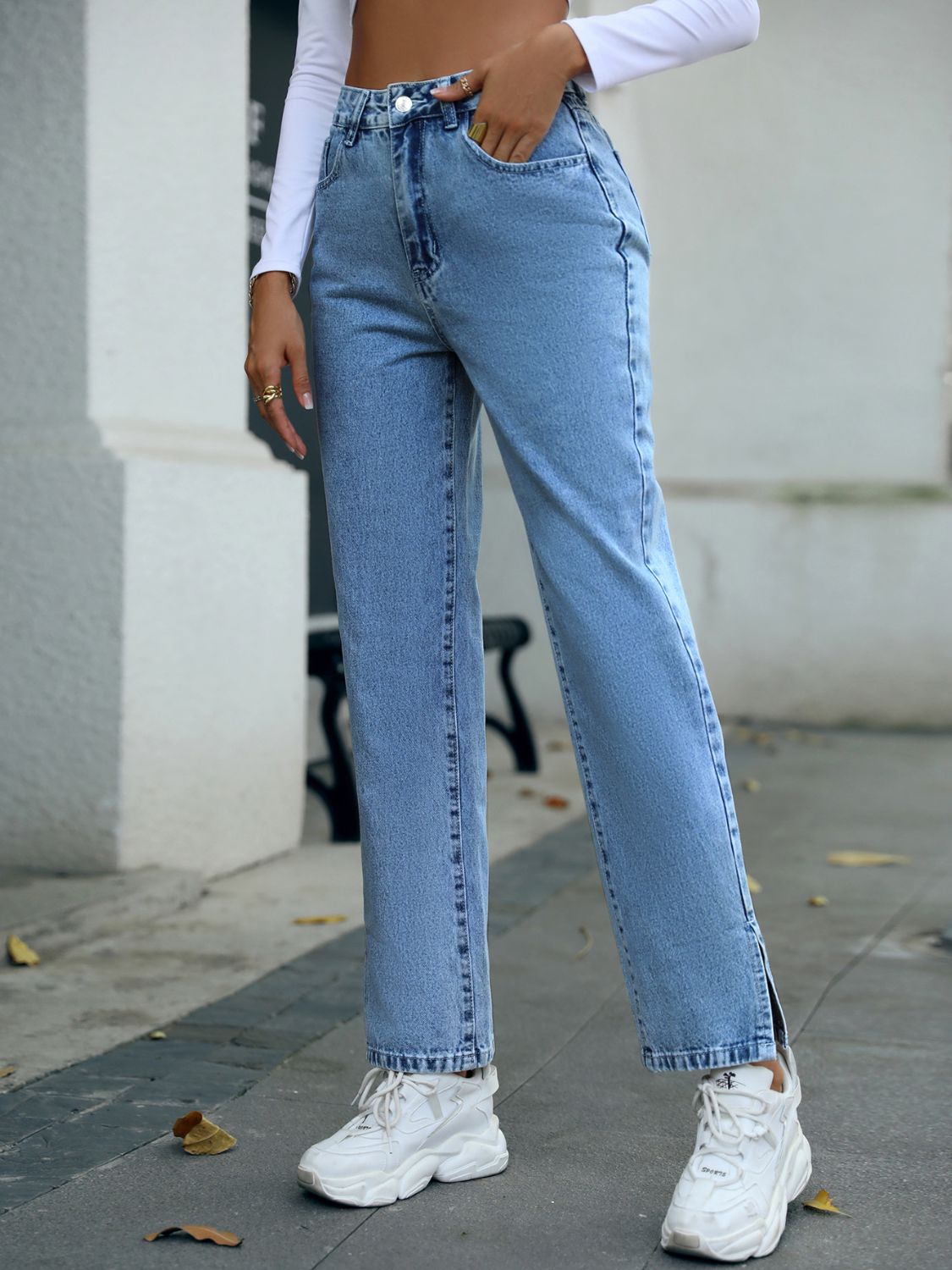 Side Slit High Waist Straight Jeans - ShopEasier