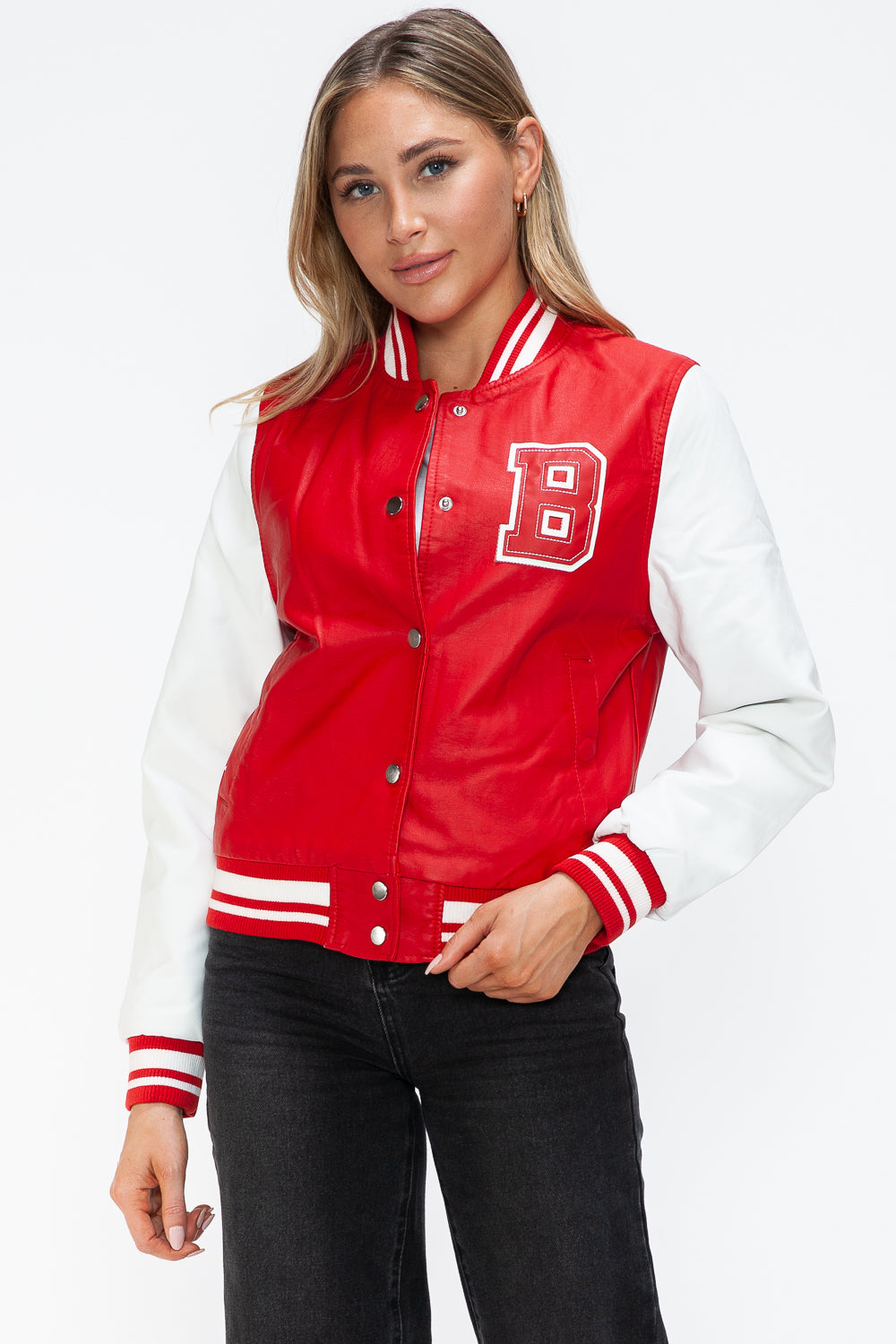 Love Me Now PU Leather Contrast Snap Down Bomber Jacket - ShopEasier