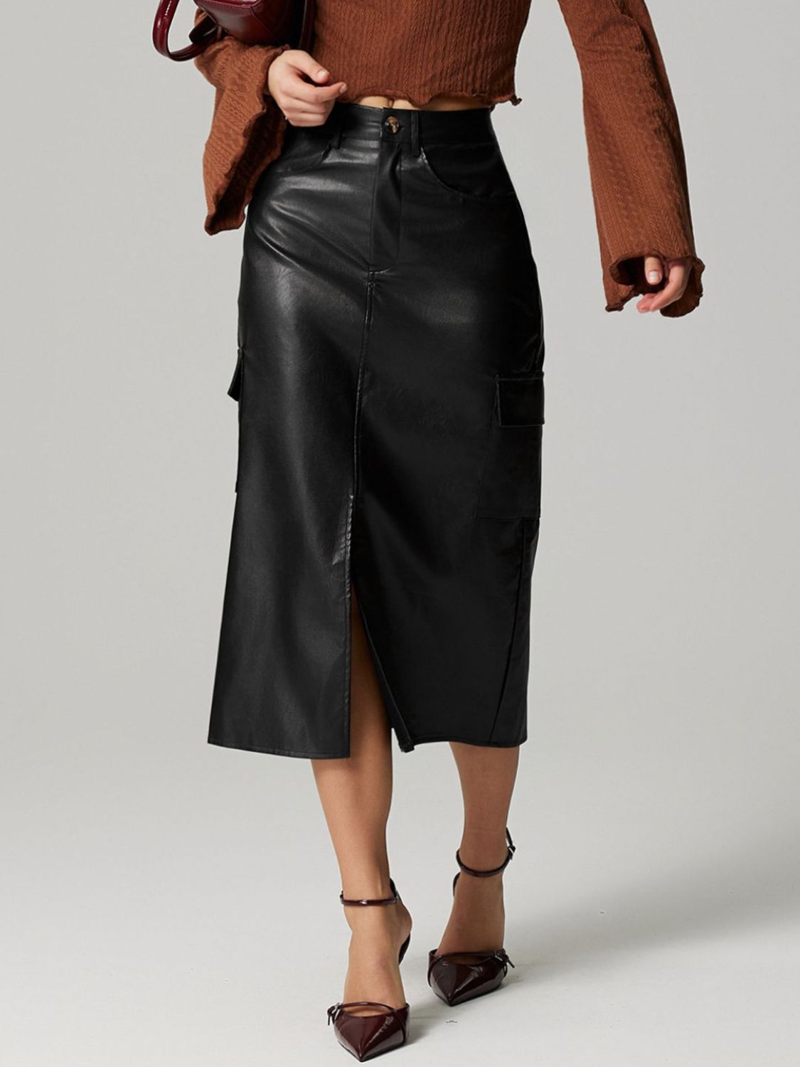 Button-Down Pocketed Slit Midi Skirt