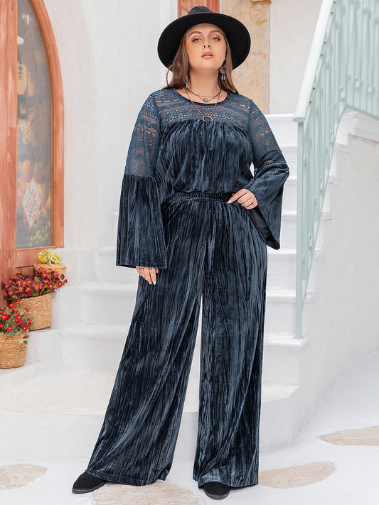 Curvy Chic Lace Detail Flare Sleeve Top and Trousers Ensemble