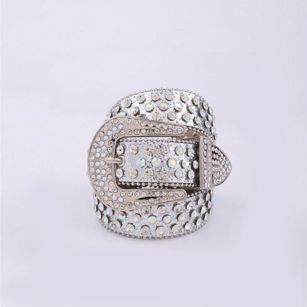 Rhinestone-Embellished PU Leather Belt