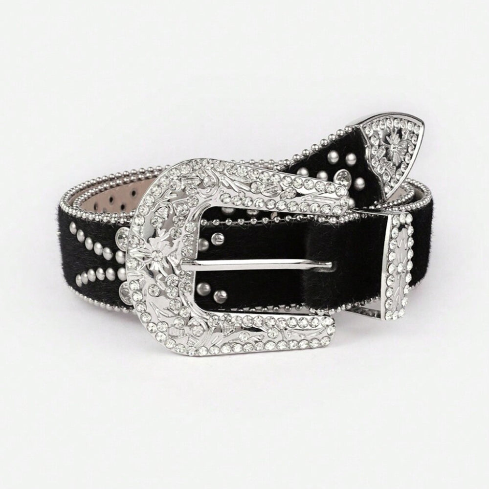 Rhinestone-Embellished PU Leather Belt