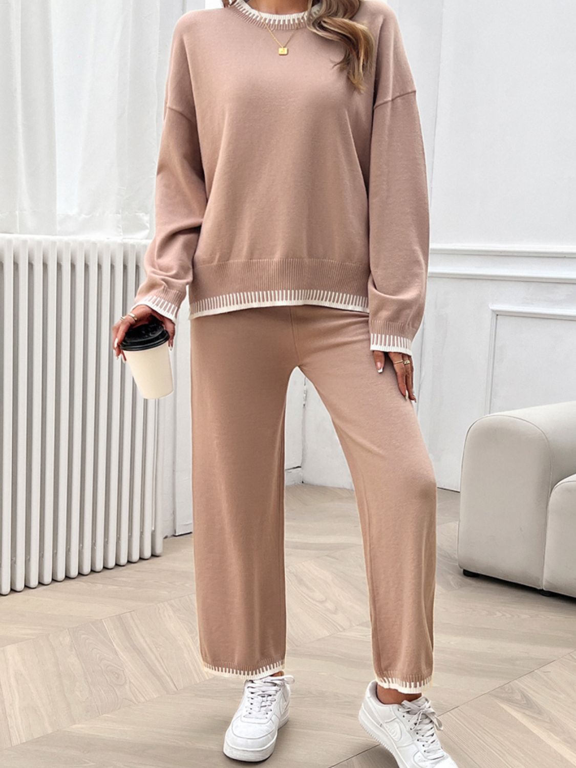 Chic Dropped Shoulder Sweater Set with Round Neck Top and Pants