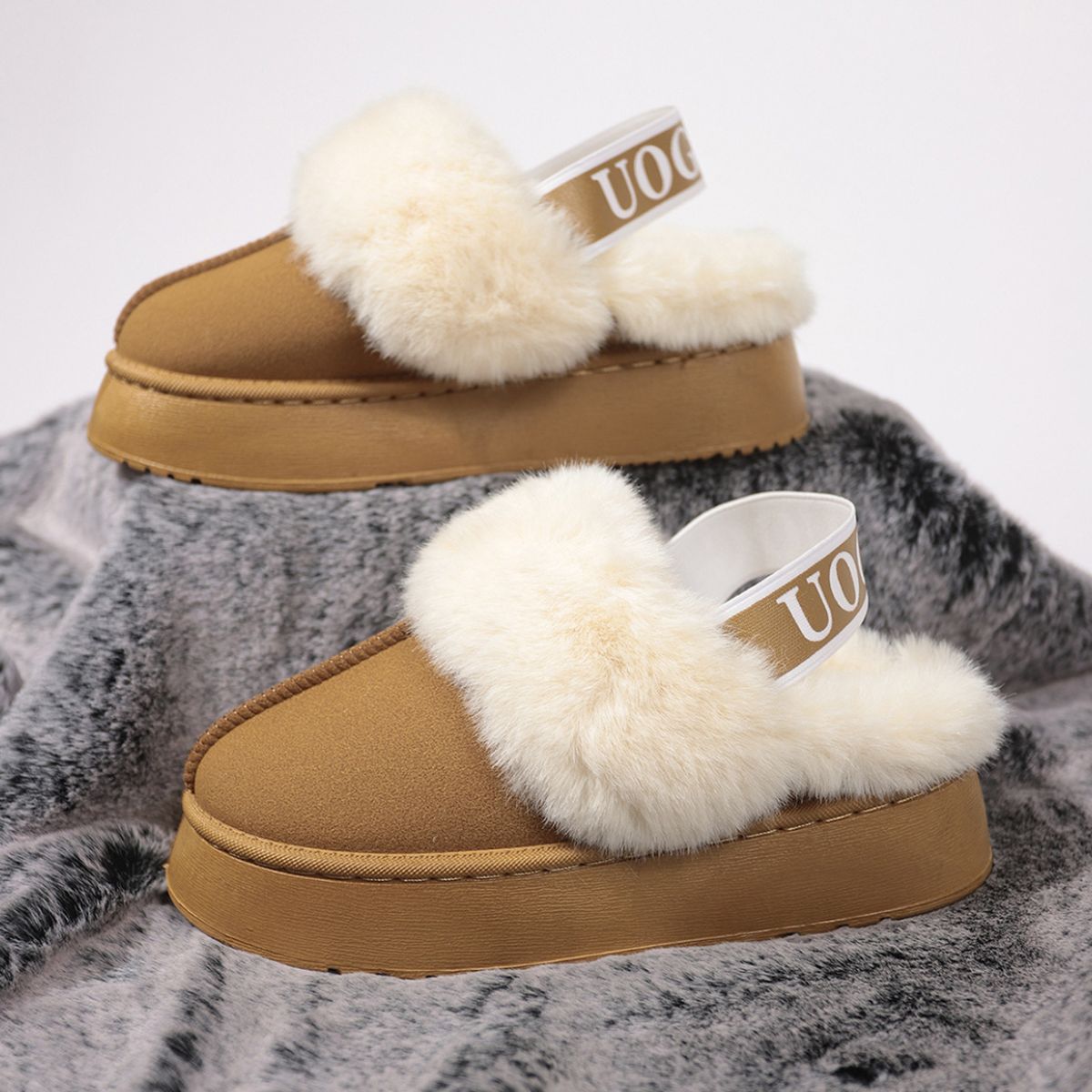 Fuzzy Lettered Slide Slippers with Plush Cushioning