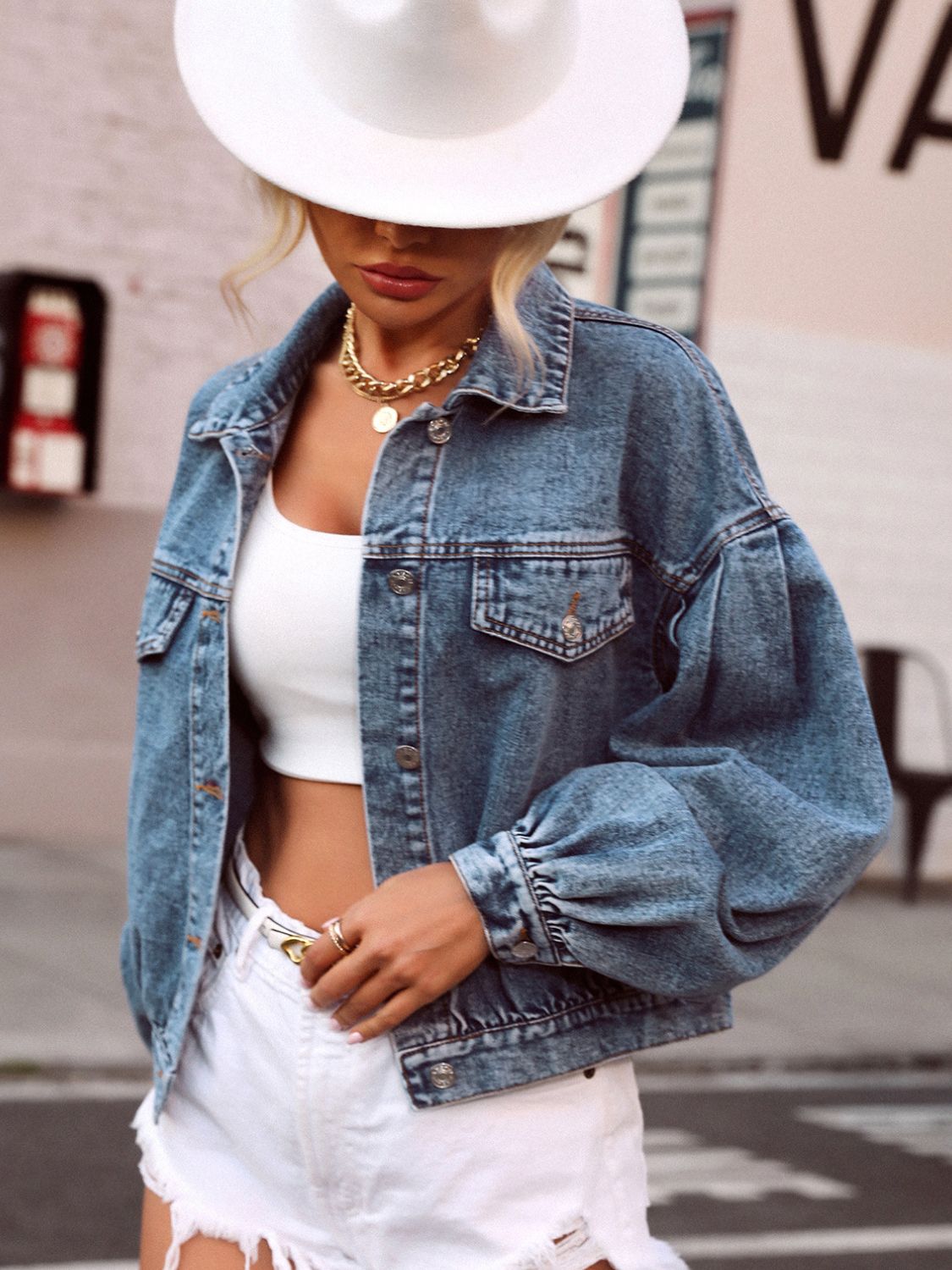 Collared Neck Dropped Shoulder Denim Top - ShopEasier