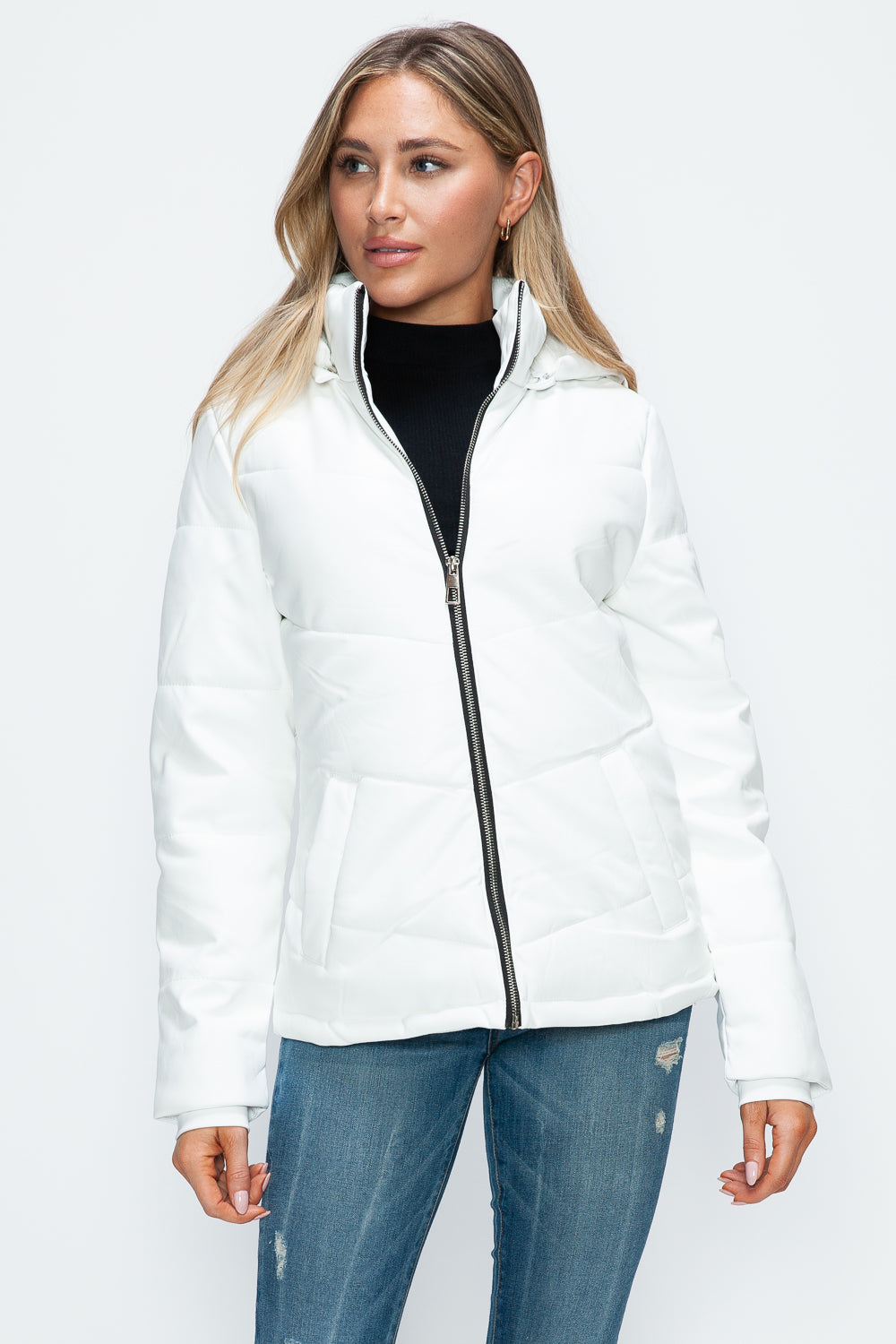 How Dare U Pocketed Zip Up Puffer Jacket with Removable Hood - ShopEasier