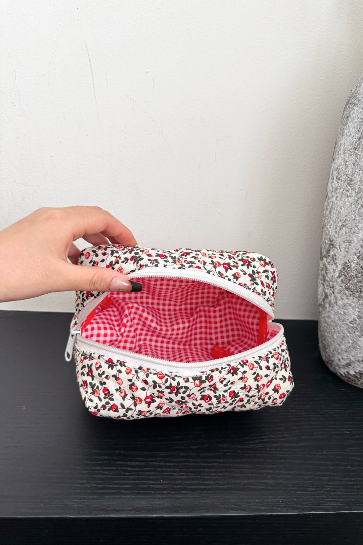 Quilted Floral Clutch with Checkered Interior