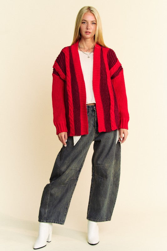 Davi & Dani Cable-Knit Color Block Open Front Cardigan - ShopEasier