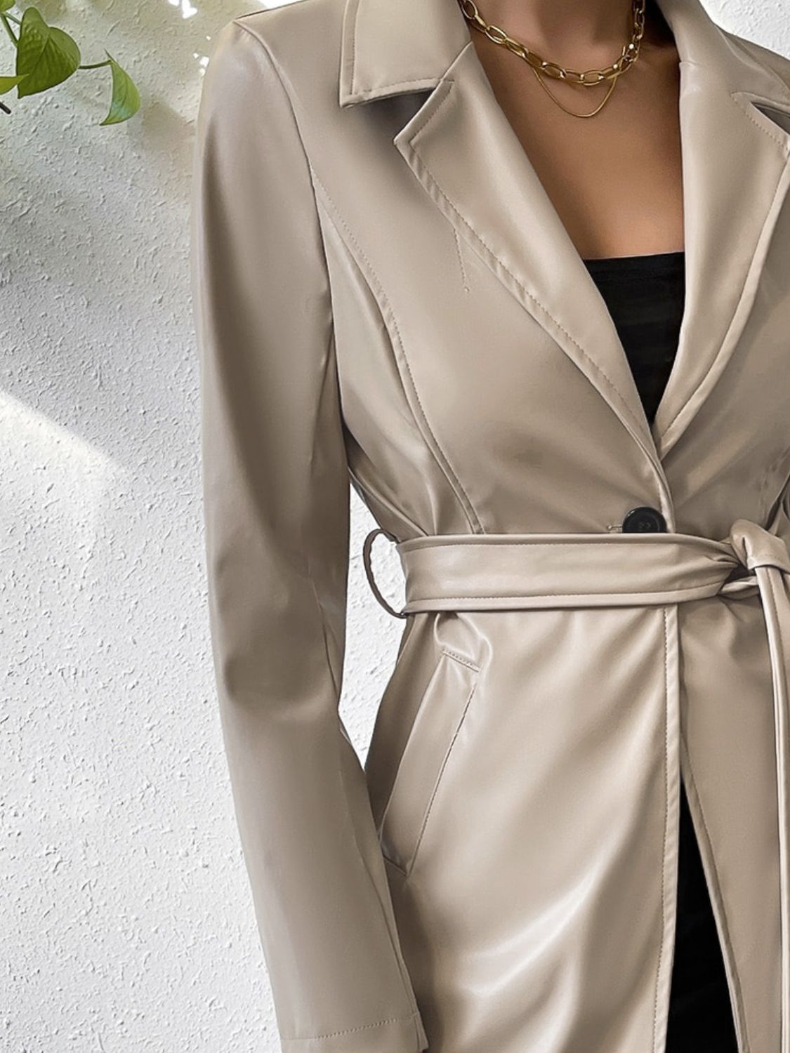 Tied PU Leather Long Sleeve Trench Coat - ShopEasier