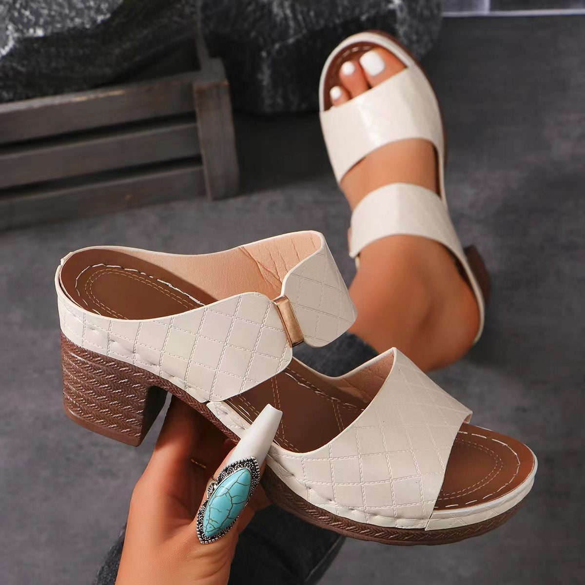 Stylish PU Leather Mid Heel Sandals