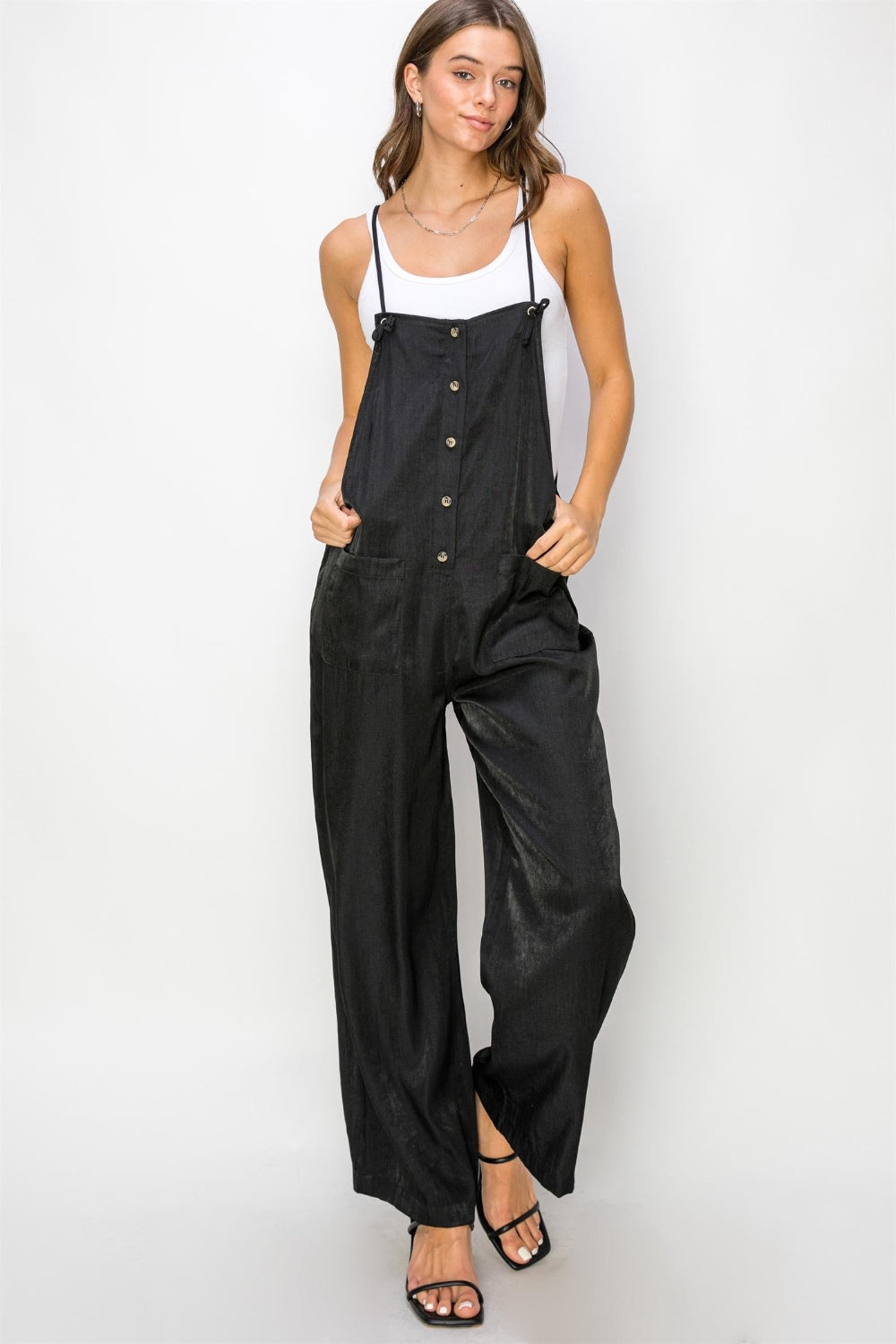 Chic Half Button Sleeveless Straight-Leg Jumpsuit