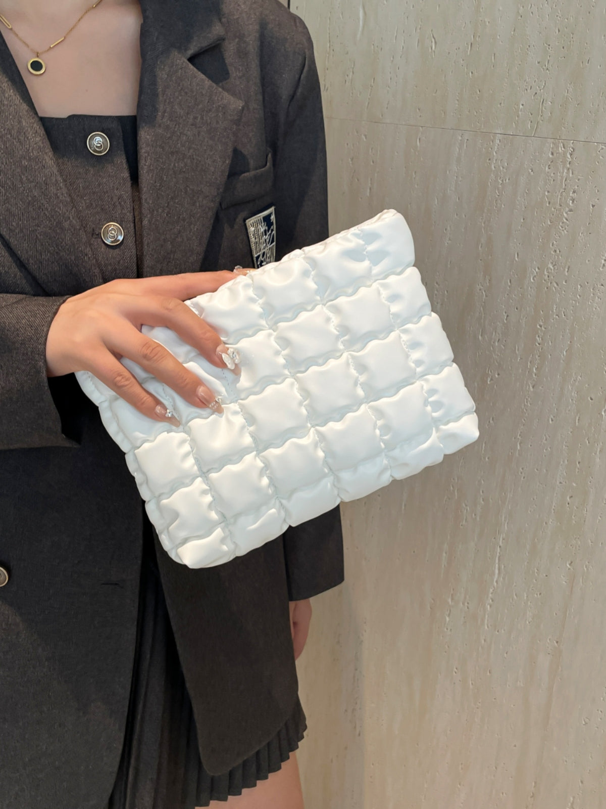 Plaid Quilted Zippered Clutch Bag