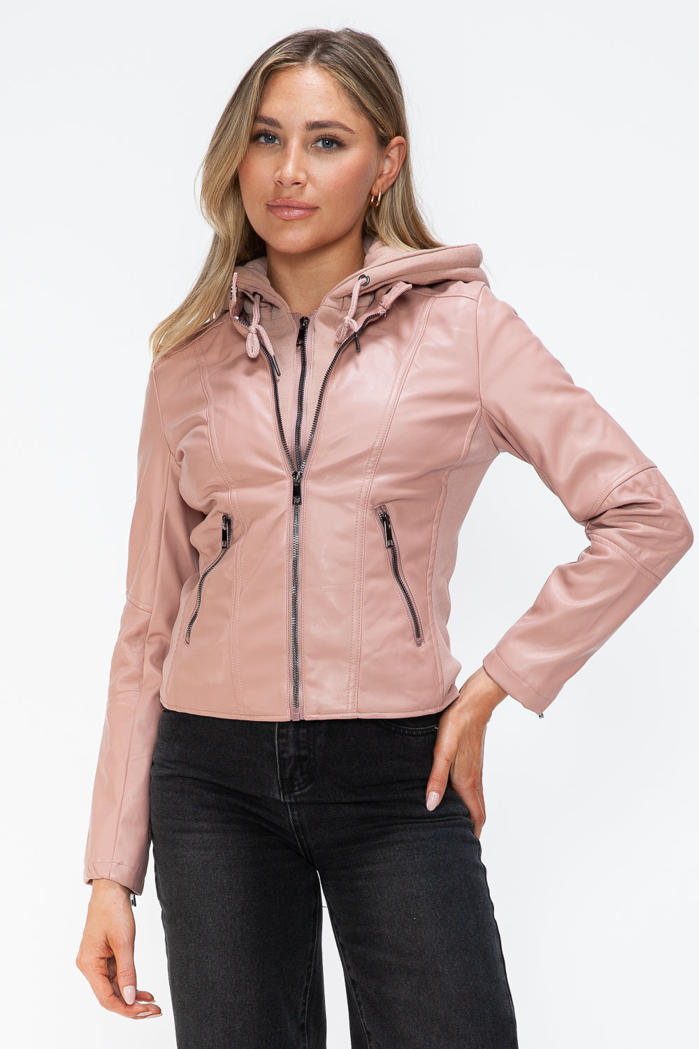 Snobbish Faux Leather Zip Up Drawstring Hooded Jacket - ShopEasier