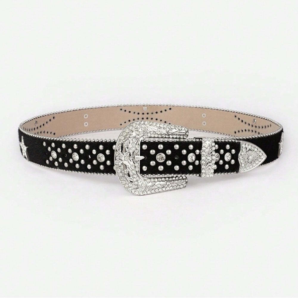 Rhinestone-Embellished PU Leather Belt