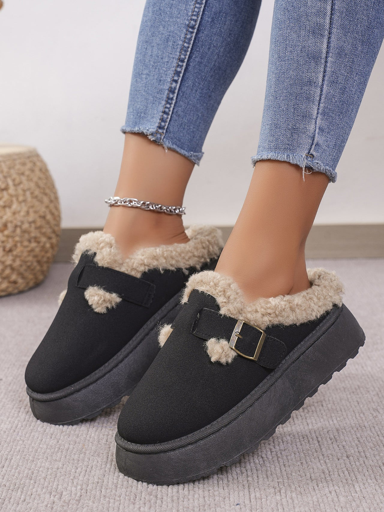 Cozy Faux Fur Buckle Platform Slippers