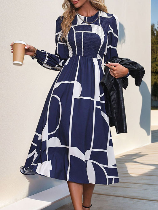 Perfee Smocked Color Block Long Sleeve Midi Dress - ShopEasier