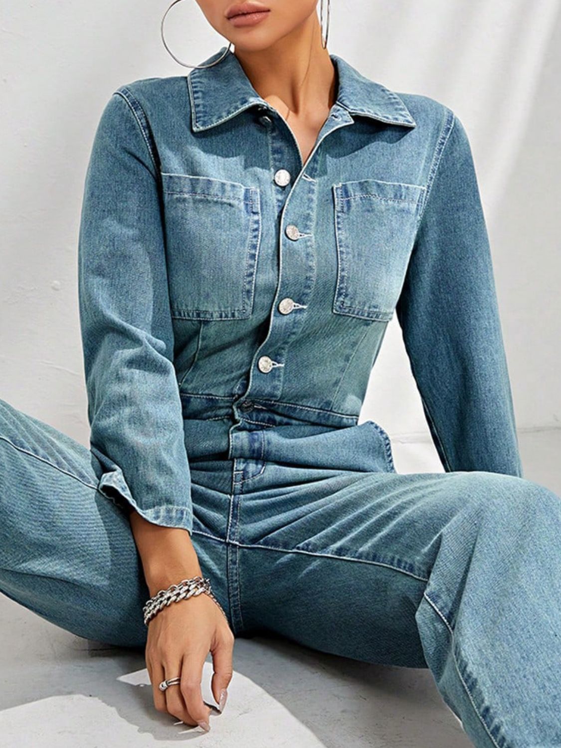 Half Button Long Sleeve Straight Leg Denim Jumpsuit - ShopEasier