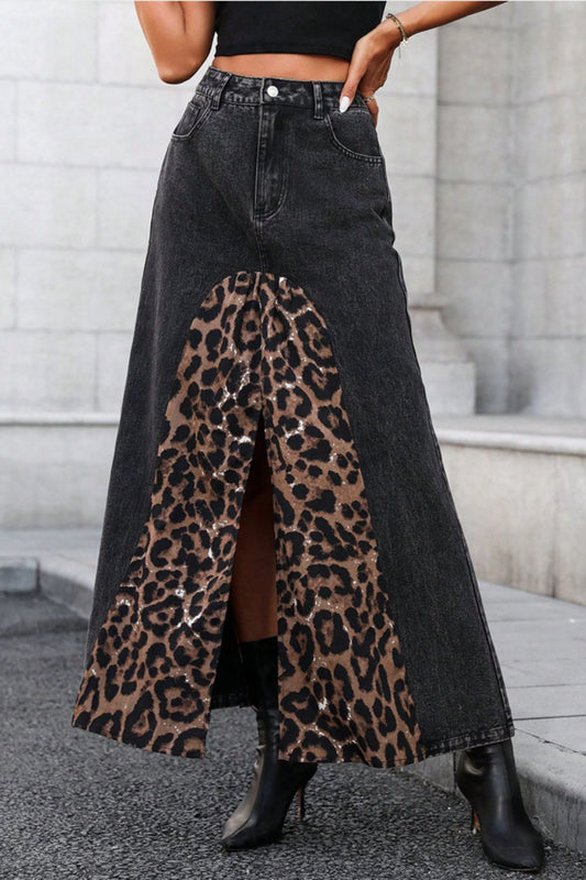 Slit Leopard Midi Denim Skirt - ShopEasier